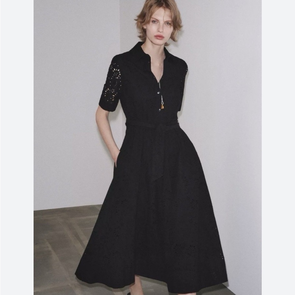 Zara NWT ZW Collection embroidered midi dress belted black 8223/087